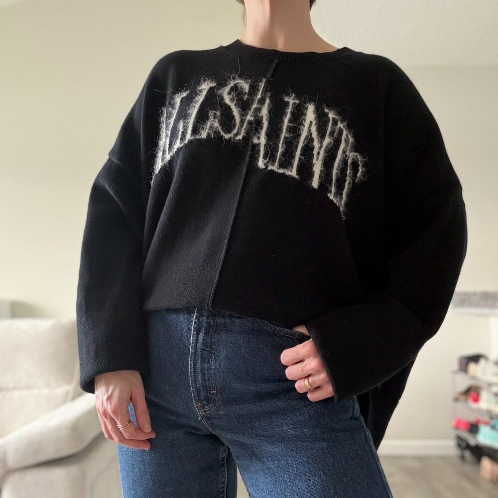 FLAW (repaired) - NWOT All Saints Black Knit Sweater w/ Mohair Logo, Size L